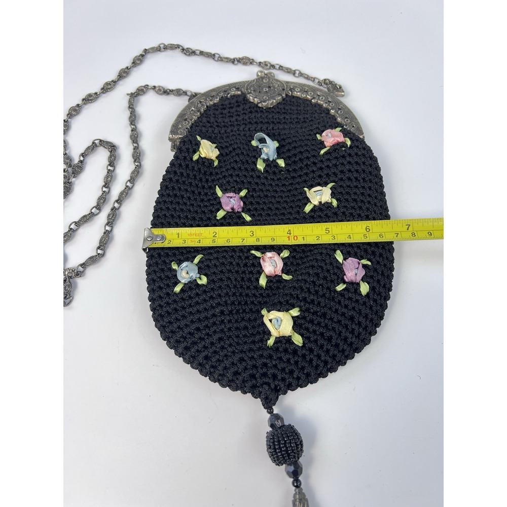 Vintage Antique Crochet Evening Bag Ribbon Embroidery Roses Filigree Frame Black - Picture 7 of 9